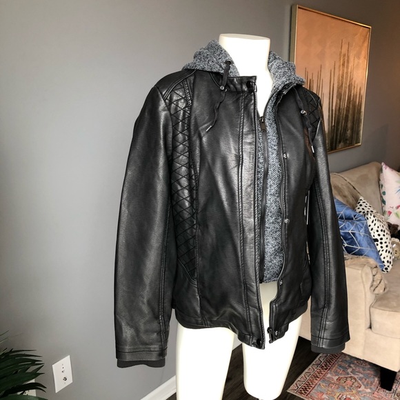 meriam knit hood faux leather jacket